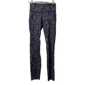 Lululemon Womens Fast & Free 7/8 Floral Leggings Size 4 Black Athletic Gym Yoga
